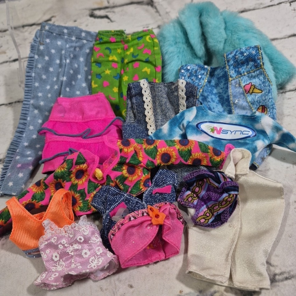 Vintage Barbie Doll Clothes Lot Denim Vests Fringe Jeans Skirts Tops Fur Coat